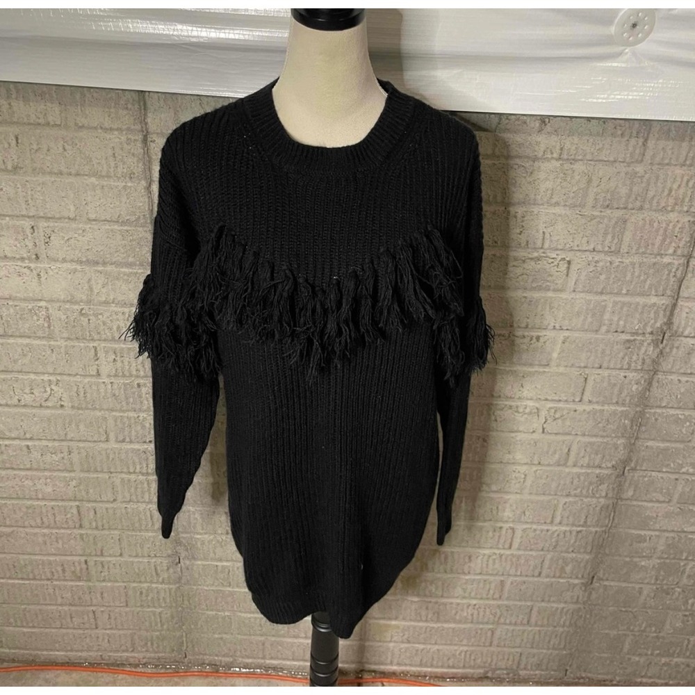 VICI‎ Black Fringe Sweater Dress Tunic Long Sleeve Crew Neck Women's Small